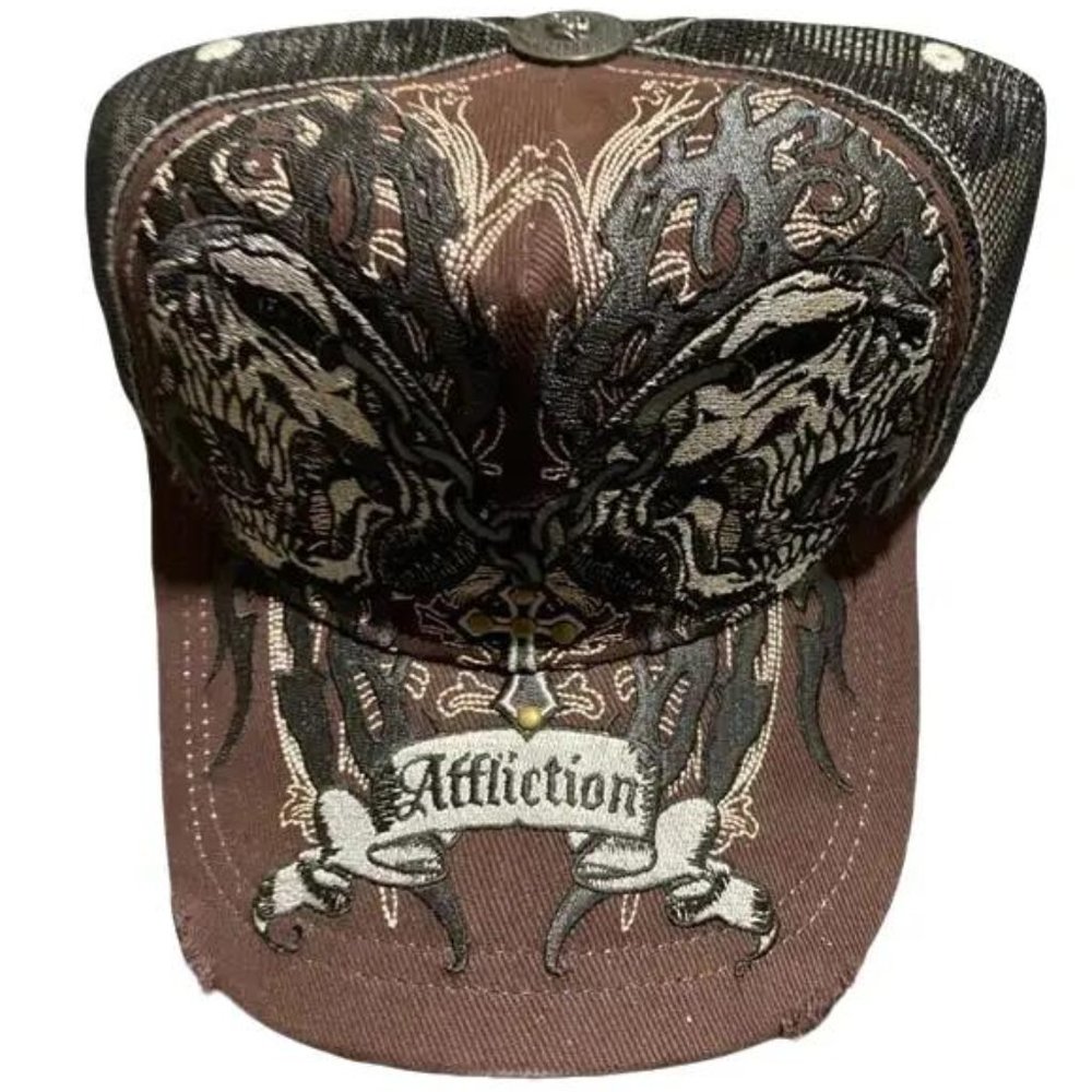 Affliction X Ozzy Osborne Vintage New Double Skull Brown Hat Adult OSFM Y2K Cap